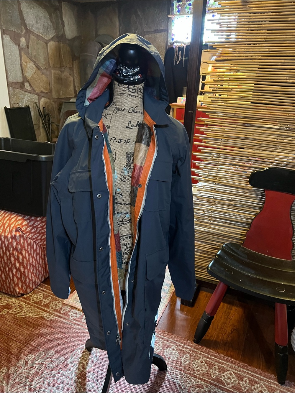 Woolrich Navy Hooded Raincoat with Orange Trim